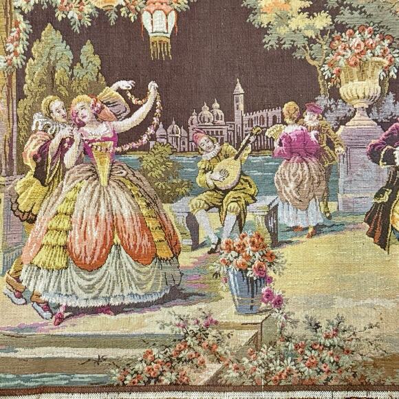 VTG Antique Moonlight Serenade Belgian Tapestry Wall Hanging Rococo 38” X 20” - Picture 7 of 16